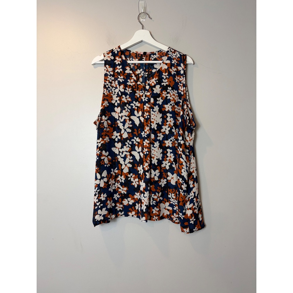 East Adeline Women's 2X Floral V-Neck Sleeveless Blouse Navy Orange White Top‎